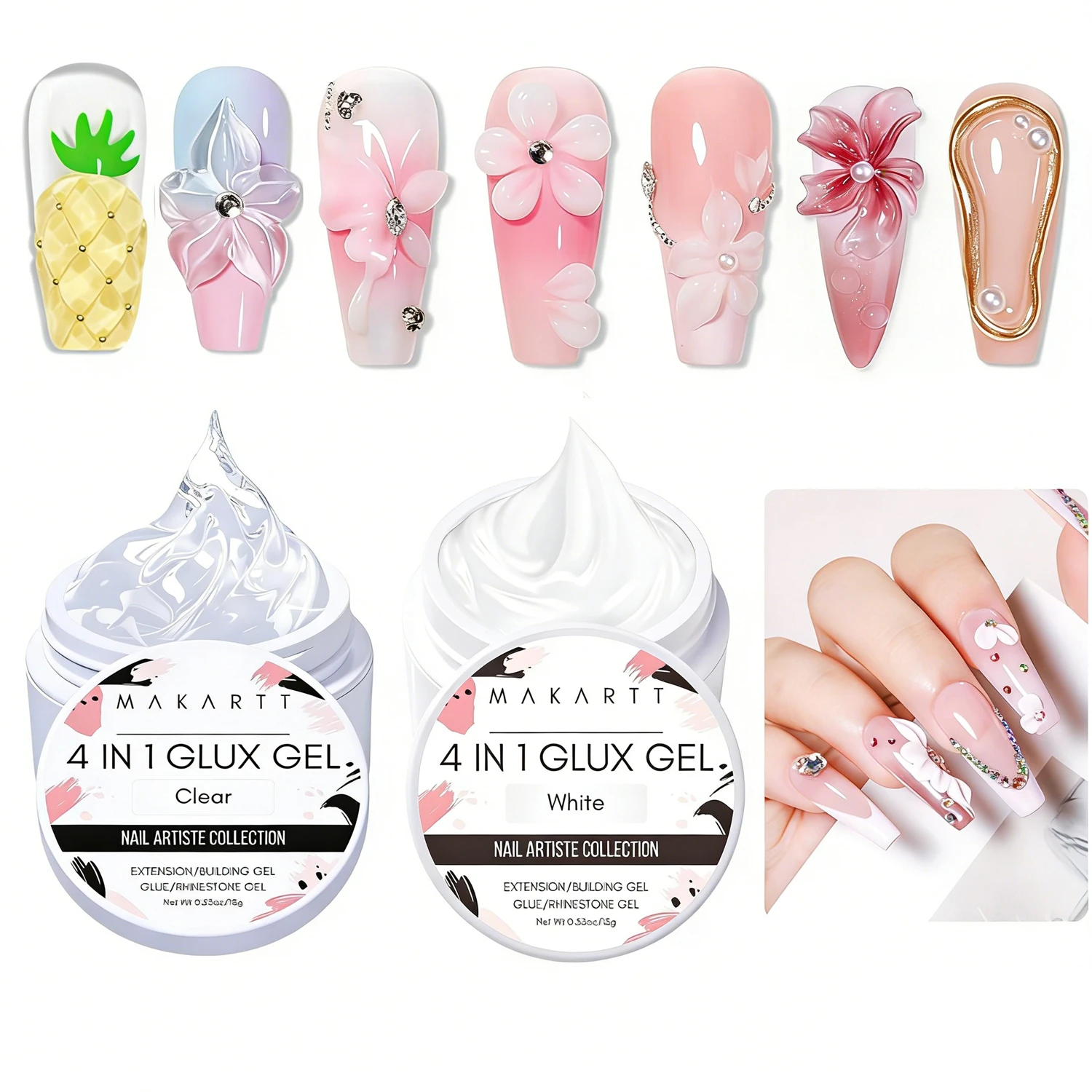 

Makartt 3D Gel Nail Art: 4-in-1 Solid Builder Nail Gel White Non-sticky Hands for Extension, 15ML UV Glue for Acrylic Tips