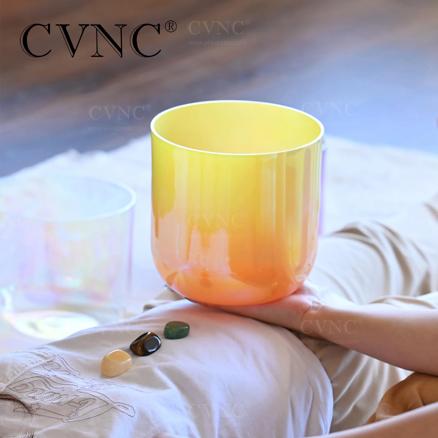 

CVNC 6 Inch Dream Color Yellow Alchemy Clear Quartz Crystal Singing Bowl for Sound Healing with Free Mallet and O-ring