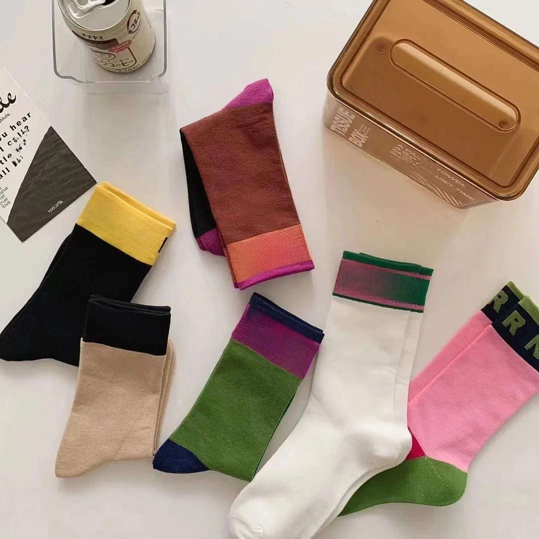 Chaussettes Colorblocking à la mode, chaussettes de styliste imprimées Alphabet, pur coton, confortables, douces, fines, respirantes, décontractées, Patchwork