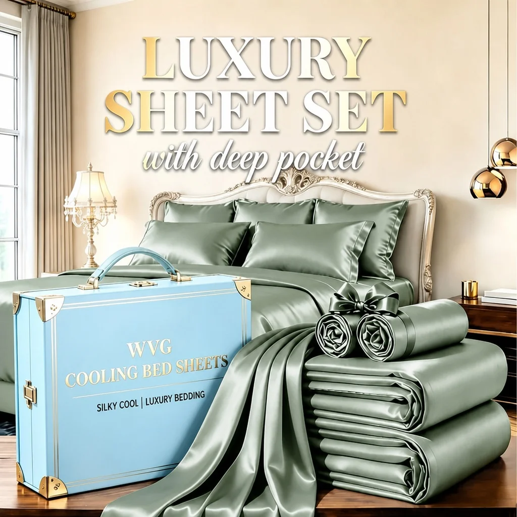 Extra Deep Pocket Bamboo Fiber Sheets Set, Luxury 3/4 Pieces Queen Satin Bed Sheet Set, Ultra Soft Smooth Wrinkle Resistant Bedding, 18 Inch Deep Pocket Design, Gentle On Hair & Skin, Premium Home Bedding Gift For Women