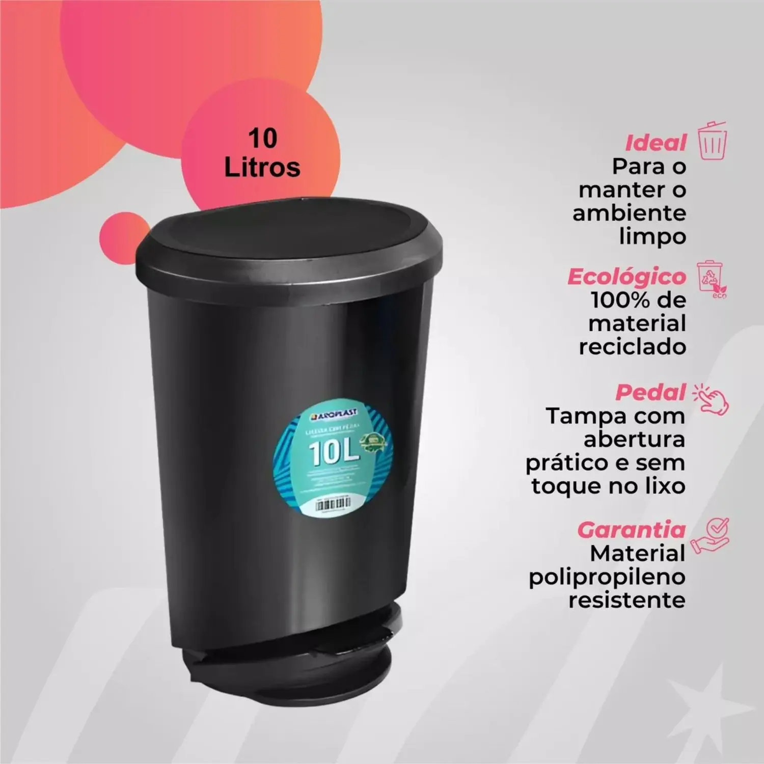 Multipurpose Trash For Bathroom Kitchen 10 Liters Black With Pedal