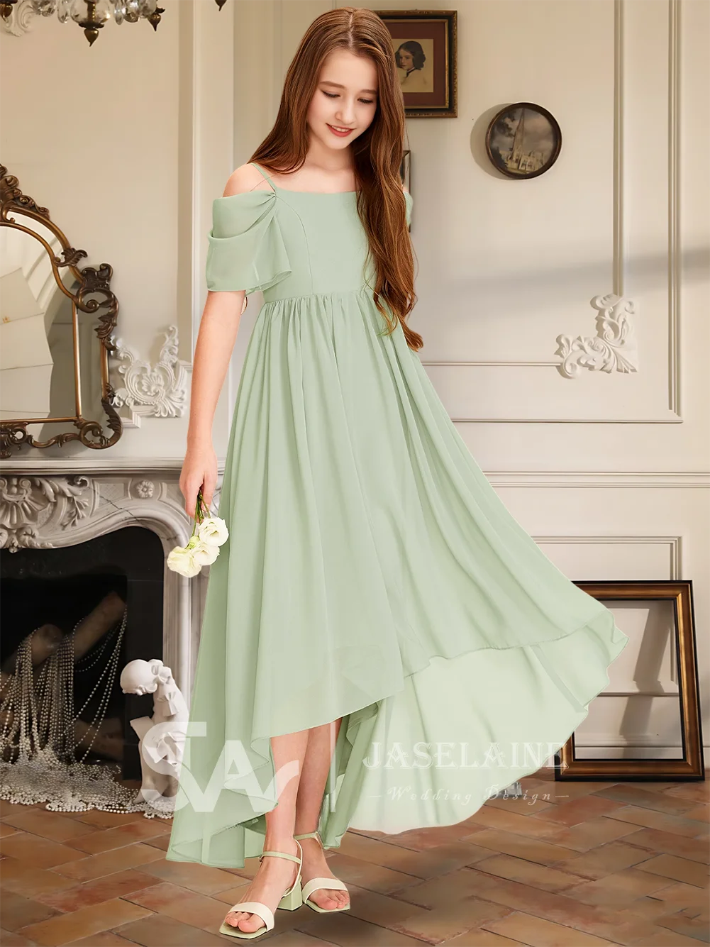 Асимметричное шифоновое платье трапециевидной формы с открытыми плечами для юных подружек невесты, праздничное платье с цветочным узором для девочек, детское свадебное торжественное платье для подростков с коротким рукавом