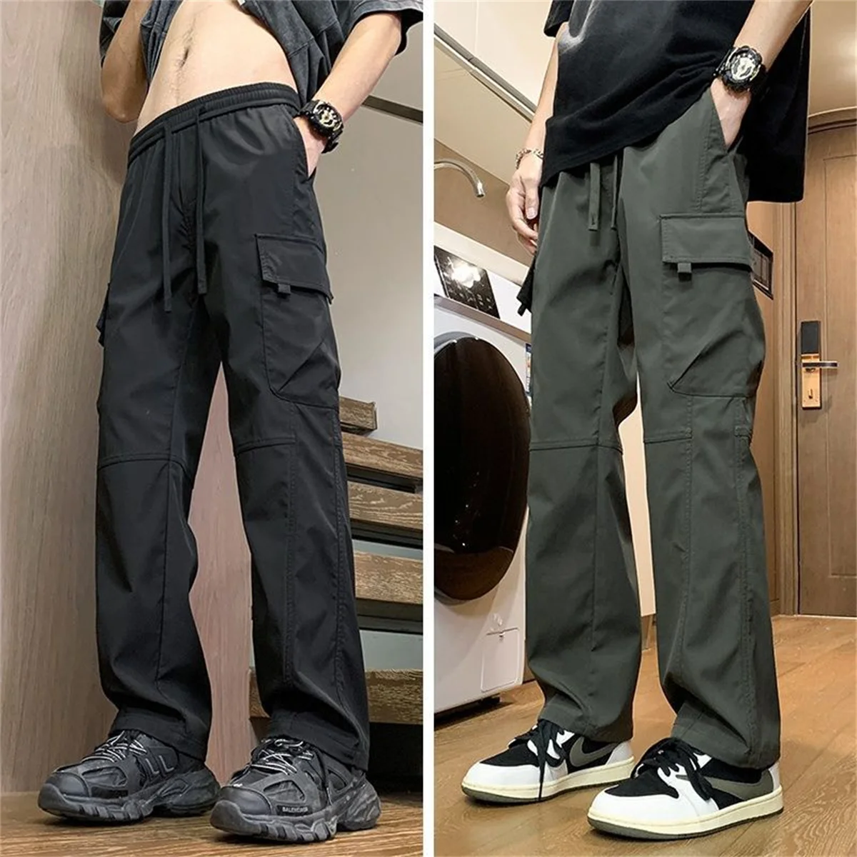 Sommer-Cargohose für Herren, gerader Schnitt, mit vielen Taschen, für Arbeit und Freizeit, lässige Jogginghose, modisch, im High-Street-Stil, für Outdoor-Aktivitäten, atmungsaktiv, locker geschnitten. – Detail 1