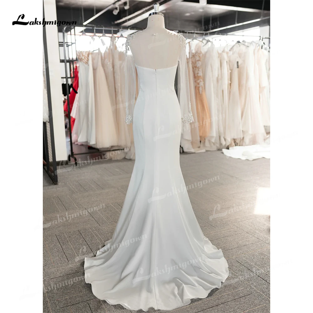 Einfache O Neck Volle Kappe Hülse Spitze Satin Meerjungfrau Hochzeit Kleid Für Frauen Boho Brautkleid Sweep Vestidos De Novia robe De Mariée