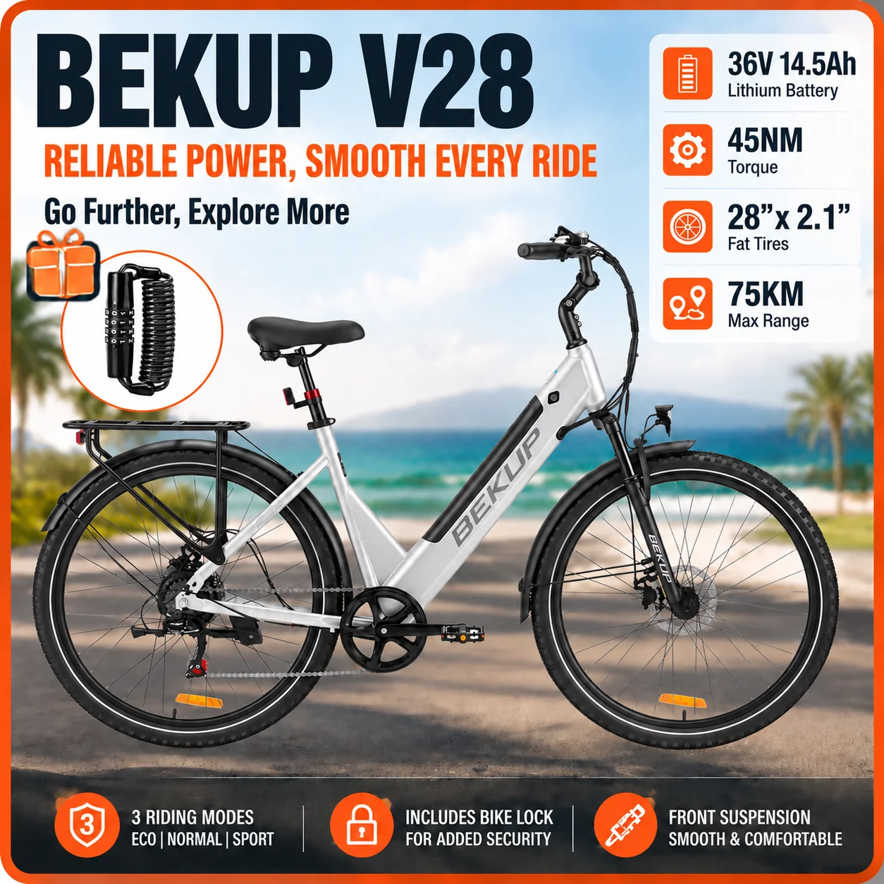 BEKUP V28 Elektrofahrrad für Erwachsene, 28 Zoll City Commuter E-Bike, 36V 14,5Ah Abnehmbarer Akku, 75km Reichweite, 250W Heckmotor, 45Nm Drehmoment, 7 Gänge, 5 Farboptionen, inklusive GRATIS-SCHLOSS
