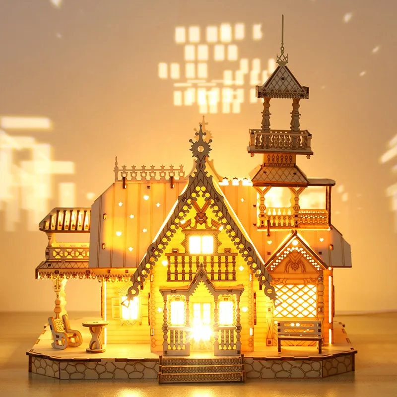 3D Wooden Puzzle Kid Adult DIY Model Kits Villa House Royal Castle with Light Assembly Toy Desk Decoration for Gift