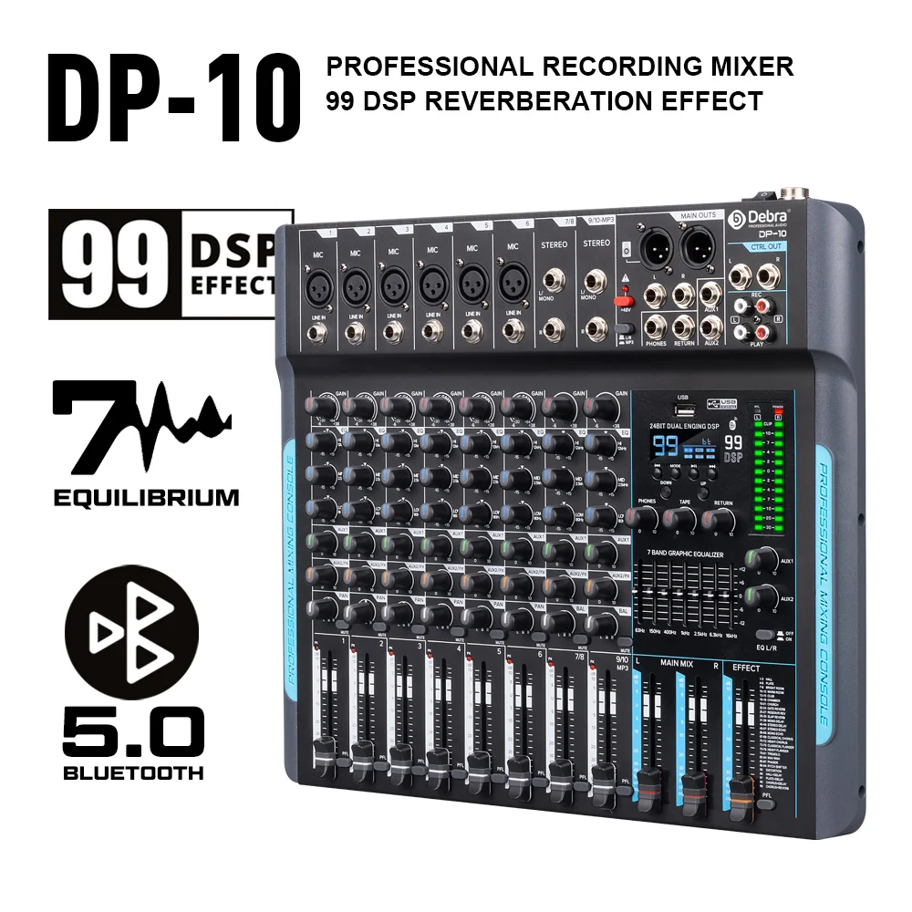 Debra 99 DSP Audio Mixer DJ Controller DP-10 10 Channels Reverb Recording Mixing With Bluetooth 5.0 Professional Performance