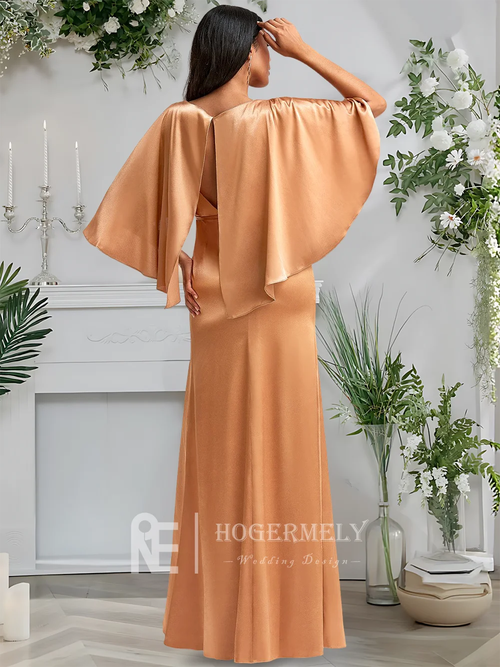 A ​ ​ Gaun Pengiring Pengantin Satin Melar Panjang Lantai Persegi A-Line Bronzer Mewah dengan Jubah Koktail Tamu Pesta Pernikahan 2025 ​