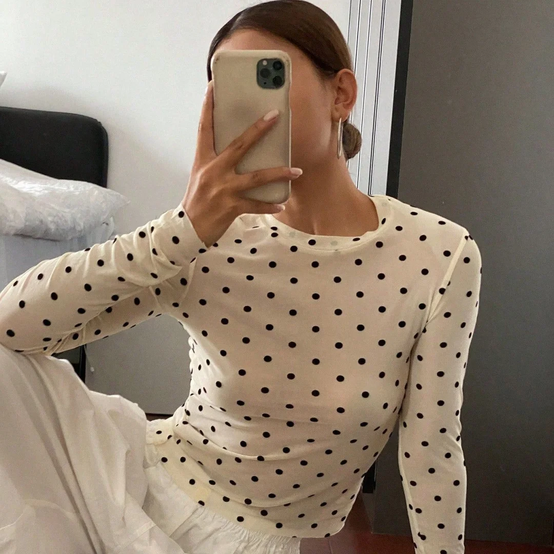 Round Neck Long Sleeve Female's Shirt Spring and Autumn Polka Dot Sexy See Through Slim Tops for Women Easy Matching Streetwear