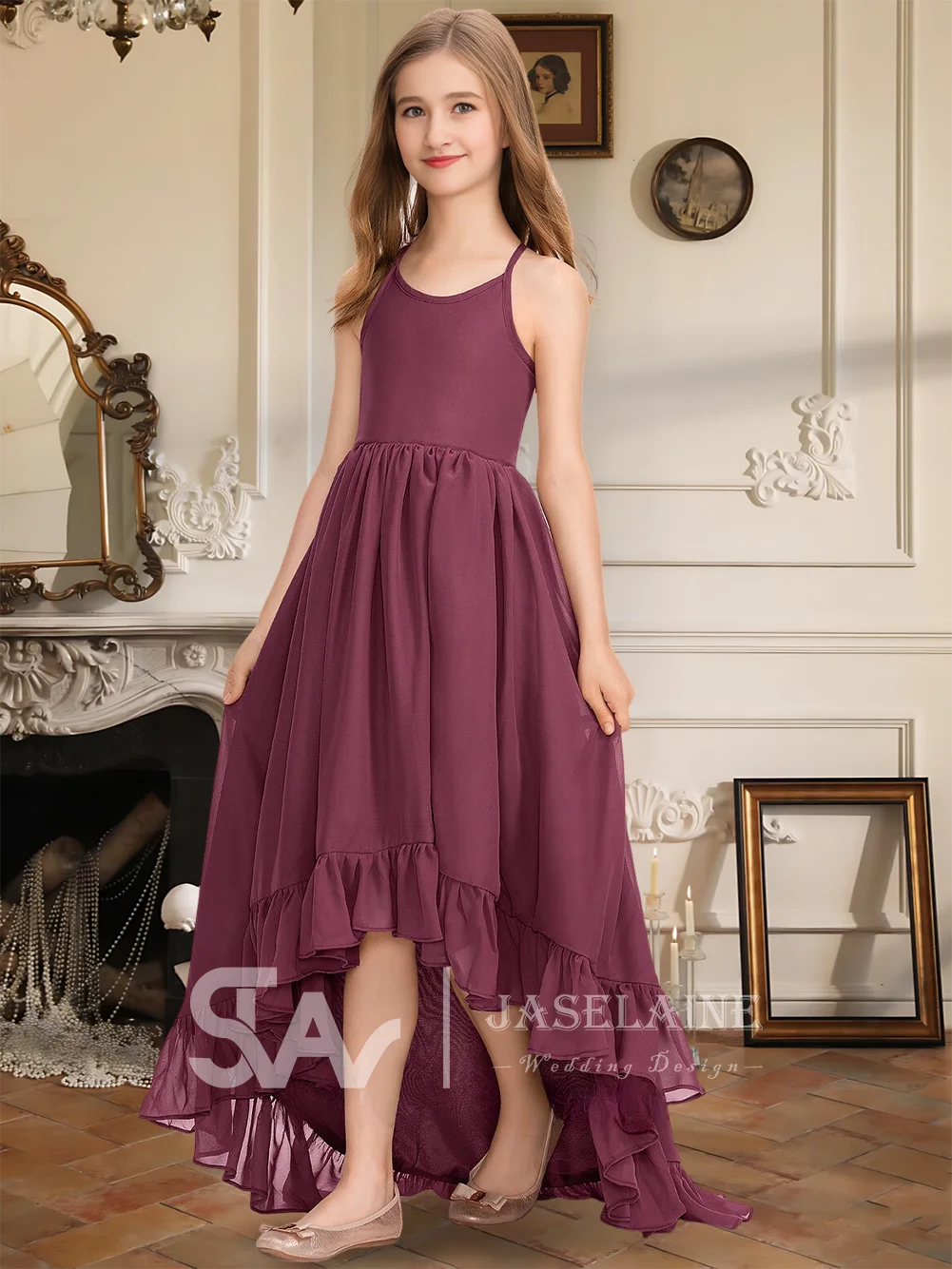 Элегантное платье подружки невесты для юниоров, шифоновая трапециевидная асимметричная юбка с бантом, платье с цветочным узором для девочек, официальная одежда для девочек, свадебная вечеринка