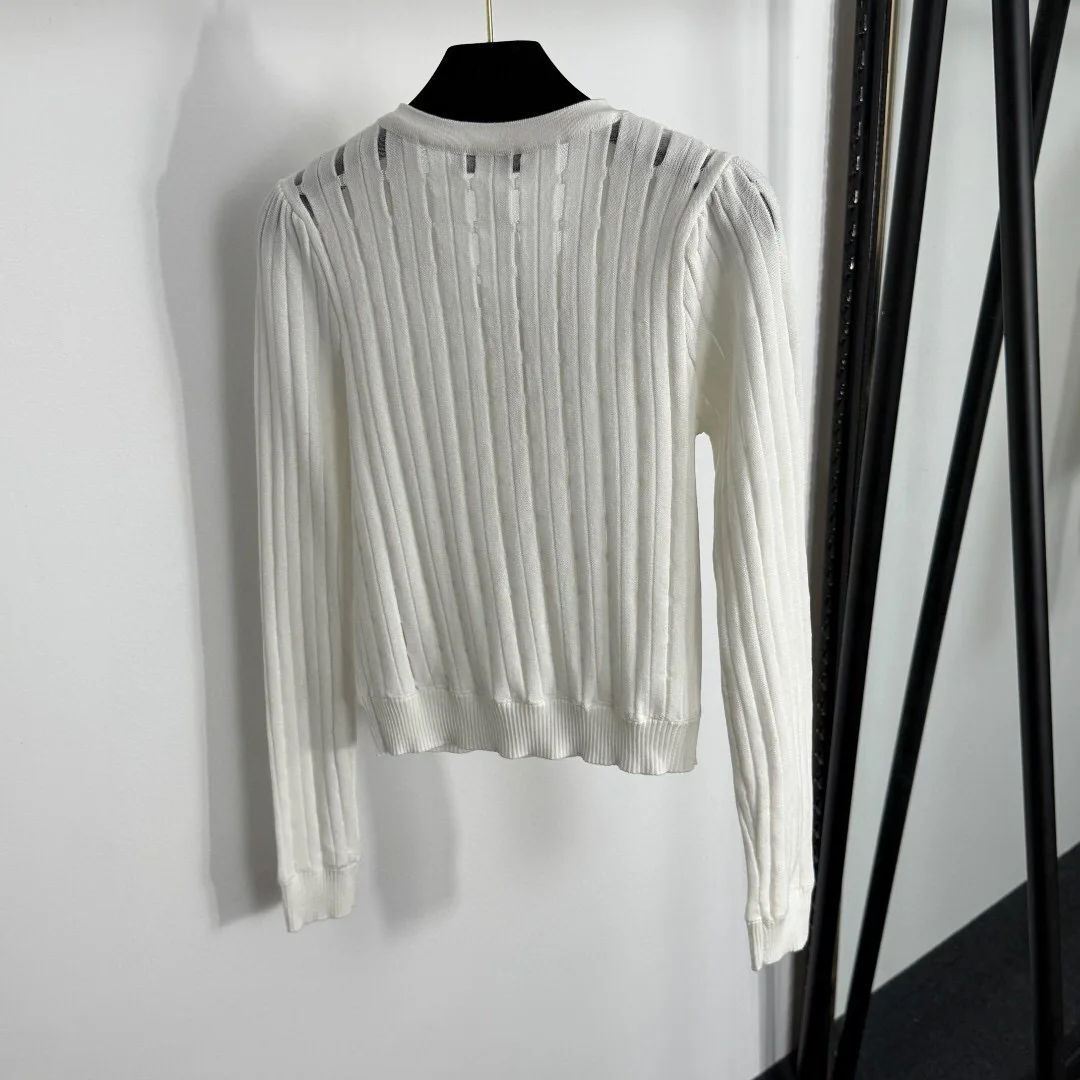 

Embroidered Lace Collar Cut Out Striped Long-Sleeved Sweater Top