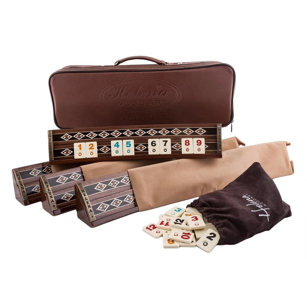 Mosaic Patterned Oval Okey Set with Mother of Pearl Inlay and Carved with Faux Leather Bag Game Exclusive Okey Set