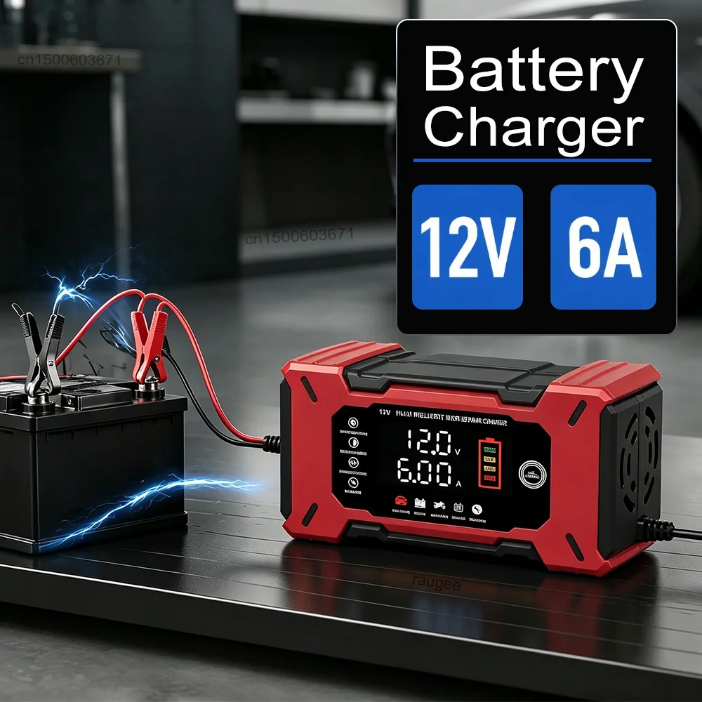 Chargeur de batterie de voiture intelligent à impulsions, charge rapide pour batteries de voiture, moto, SUV, lithium, AGM, plomb-acide et gel. Chargeur de batterie de voiture intelligent 12V 6A avec écran LCD, prise EU.