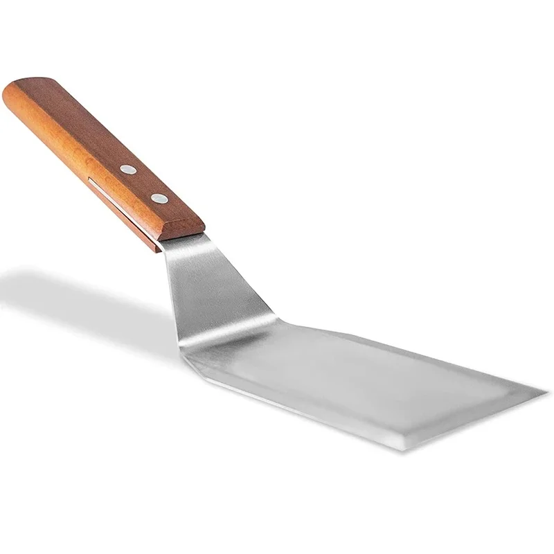 Spatule en acier inoxydable avec bord biseauté et manche en bois dur, grattoir pour gril plat en fonte, outil de barbecue à hamburger