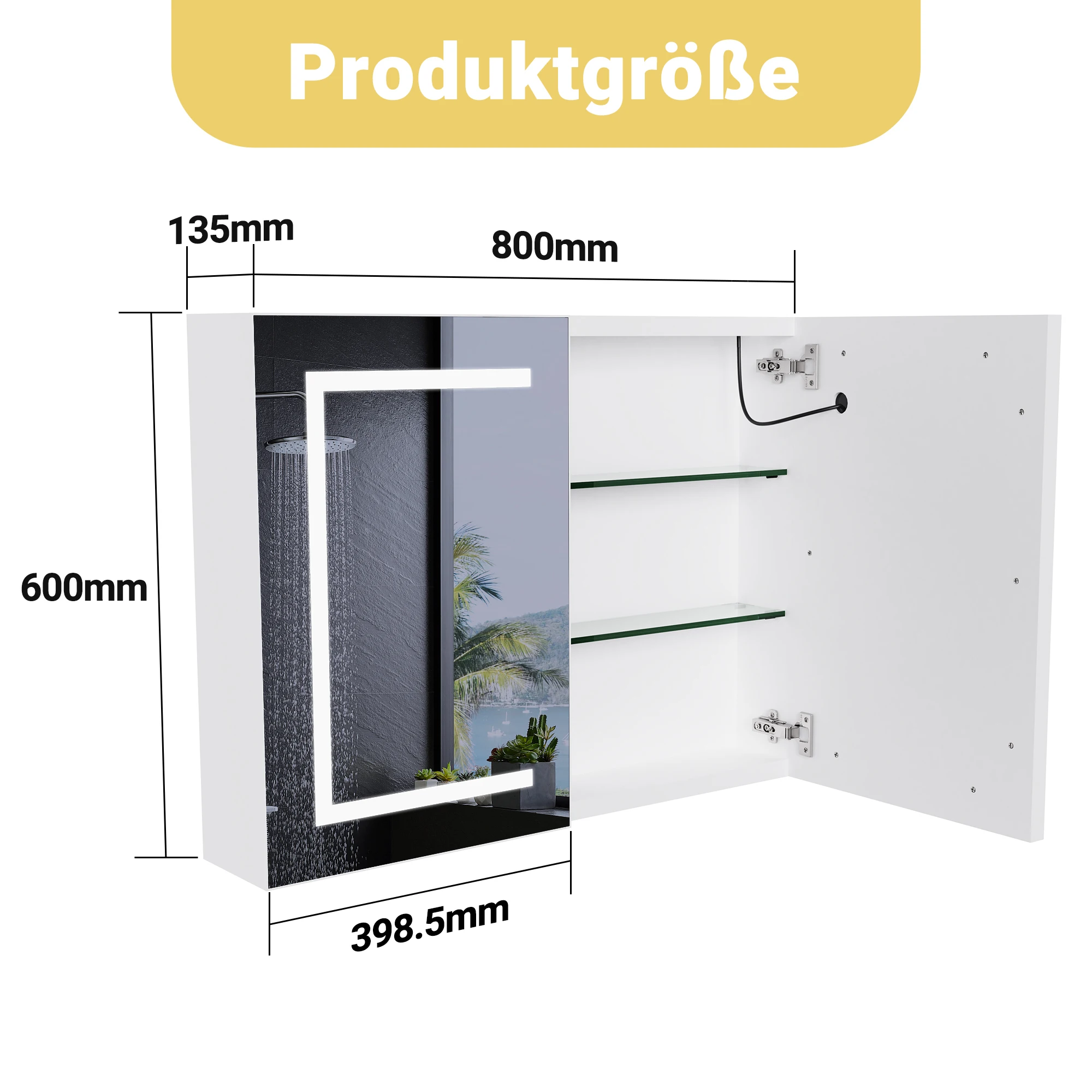 Rosahqnda Antibeschlag-Badezimmerspiegelschrank mit LED-Beleuchtung, höhenverstellbaren Regalen, 3 Farbtemperaturen, dimmbar