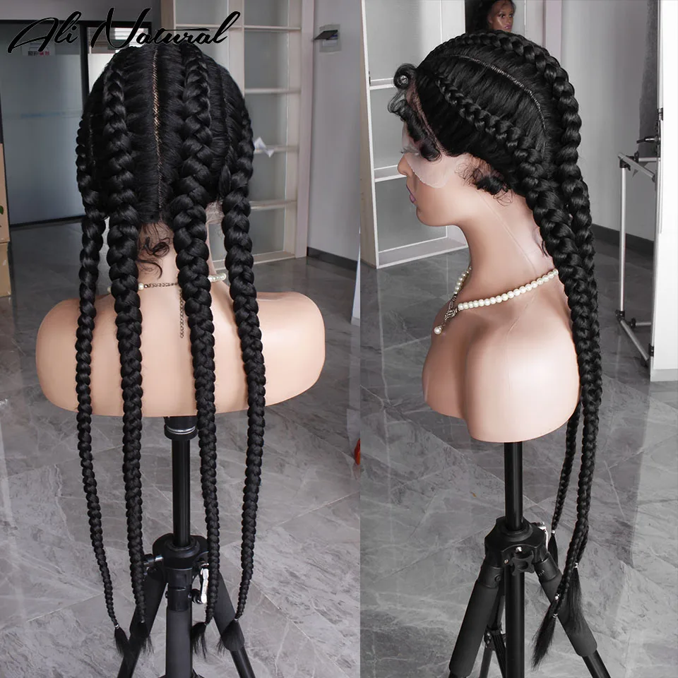 Synthetic Long Braided Lace Wigs Black Cornrow Box 4 Braids Wig With Baby Hair For Black Women Glueless Afro Wig