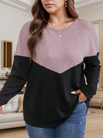 Plus Size Women's Color Block Round Neck Casual Long Sleeve Top T-shirt