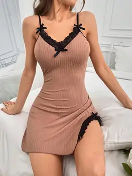 Kadın seksi dantel saten gecelik, yüksek sıkı kumaş v yaka pijama, ayarlanabilir askıları ile kolsuz iç çamaşırı Chemise