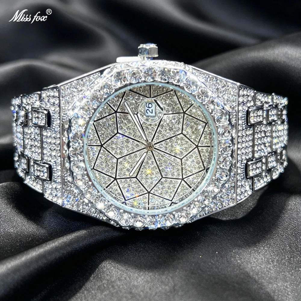 Мужские часы Missfox Silver Iced Out Diamond, кварцевые наручные часы с календарем, водонепроницаемые, роскошные, для вечеринок, повседневные, ювелирный подарок
