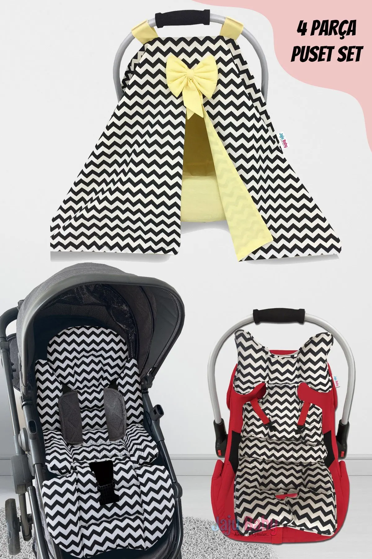 Handgemaakte Zwarte Zigzag Gele 4-delige Kinderwagen Set (Met Houder)