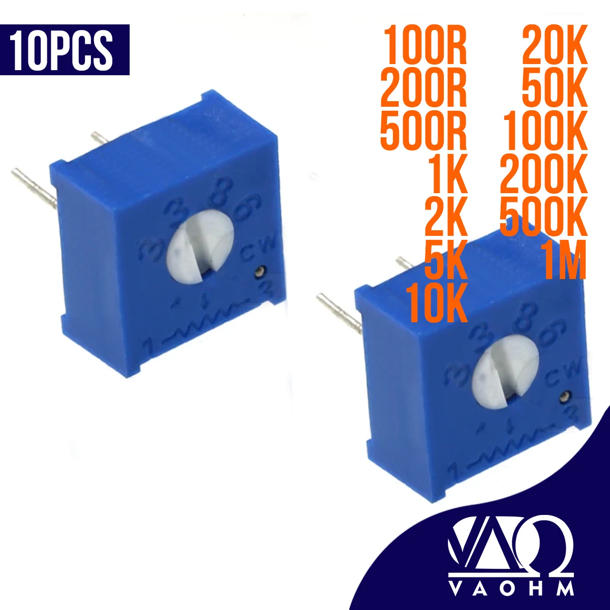 

10PCS 3386P 100R 200R 500R 1K 2K 5K 10K 20K 50K 100K 200K 500K 1M Potentiometer