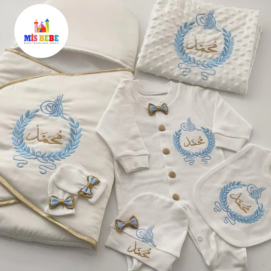 Luxurious Newborn Baby Boy Outfit Set - Personalized with Name, Embroidery, and Bow Details