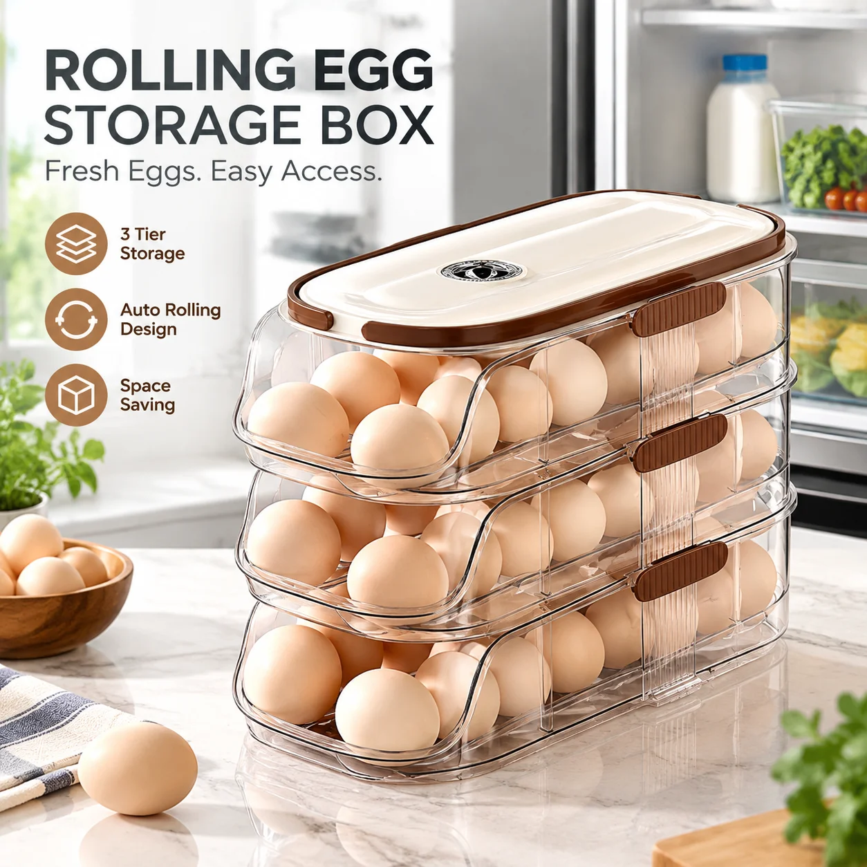 Automatic Rolling Egg Storage Box, 3-Tier Rolling Refrigerator Egg Rack, Space-Saving Egg Dispenser, Transparent Plastic Fridge Egg Organizer for Fresh Eggs, Kitchen Storage Container, Egg Holder, Fridge Organizer
