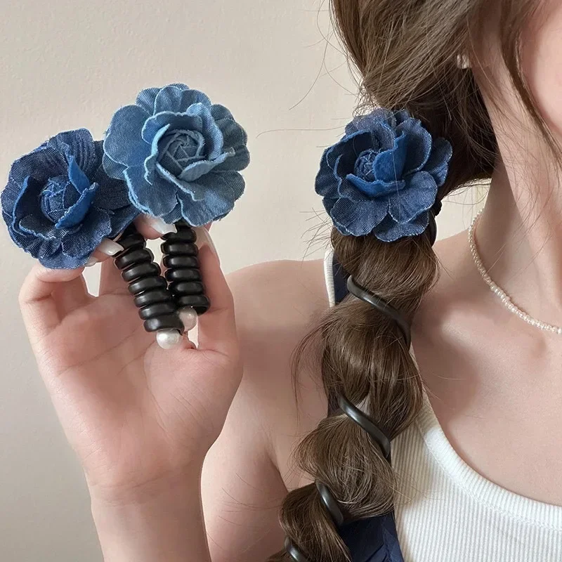 Doux Denim bleu camélia fleur téléphone fil ligne élastique en caoutchouc tressé cheveux corde pour femmes bandeau cheveux anneau accessoires