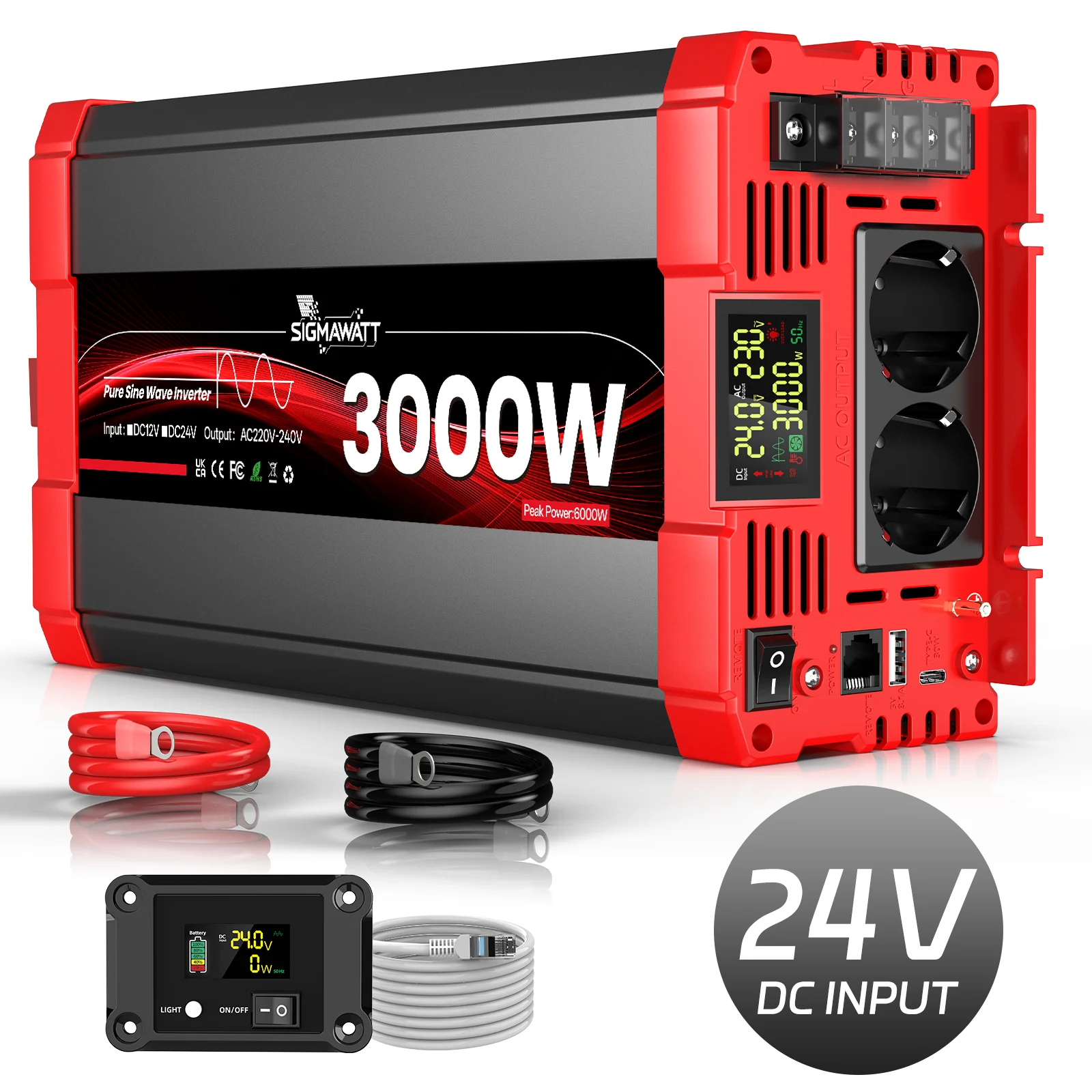 Zuivere Sinusgolf Omvormer DC 12V 24V AC 230V 3000W Nominaal 6000W Piekmacht LCD Display Afstandsbediening USB Type-C Auto voor Off-Grid