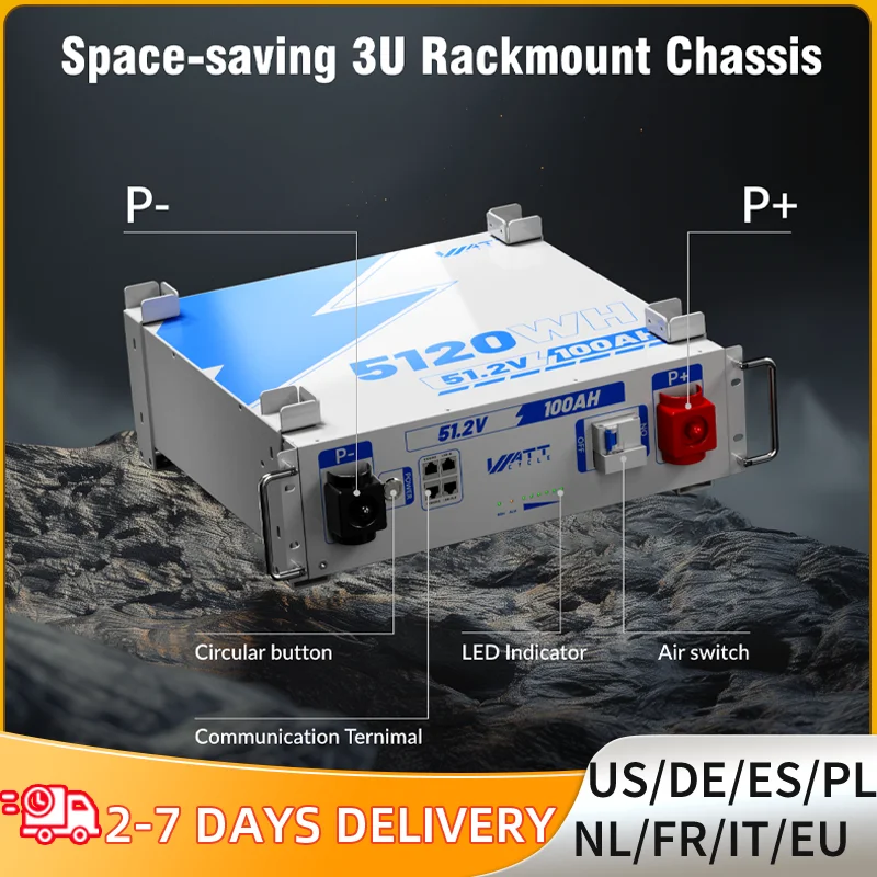 

Wattcycle LiFePO4 Rack Battery 48V 100AH 3U Size With Bluetooth Robust 5.12kWh For Solar Storage/ Off-Grid/ UPS/ Backup Power