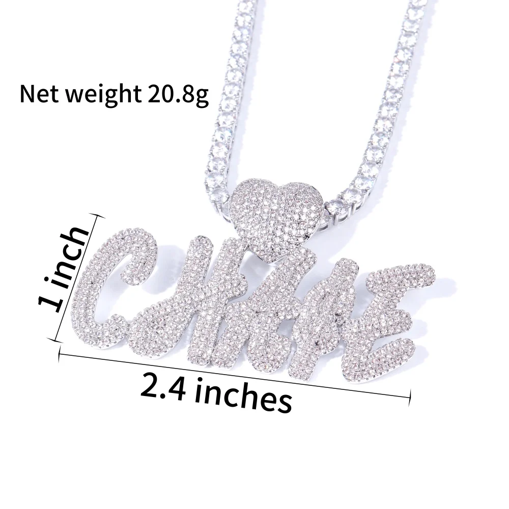 Custom Heart Bail Double-Layer Brush Font Nameplate Iced Out Letters Pendant Necklace Chain Personalized Fine Custom Jewelry