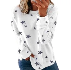 European and American Womens Fashion Star Print T Shirt Long Sleeve O Neck Tops Casual Tee Shirt Streetwear