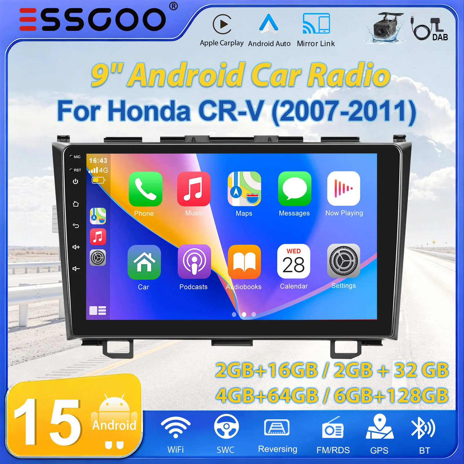 ESSGOO 9" 2 DIN Android15 Autoradio 2GB+16GB/2GB+32GB/4GB+64GB/6GB+128GB für Honda CRV 2007-2011, kabelloses Carplay, Android Auto, GPS-NAVI, RDS, FM, WIFI, Bluetooth, Mirror Link, Lenkradsteuerung,