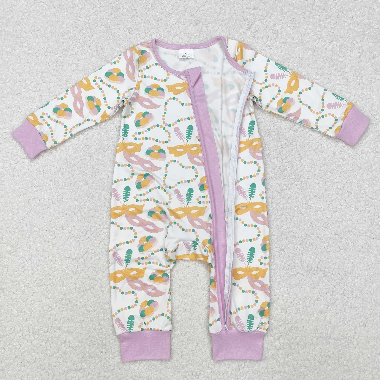 Wholesale Infant Kids Mardi Gras Clothes Toddler Newborn Coverall Bodysuit Baby Girl Children Long Sleeves Purple Zipper Romper