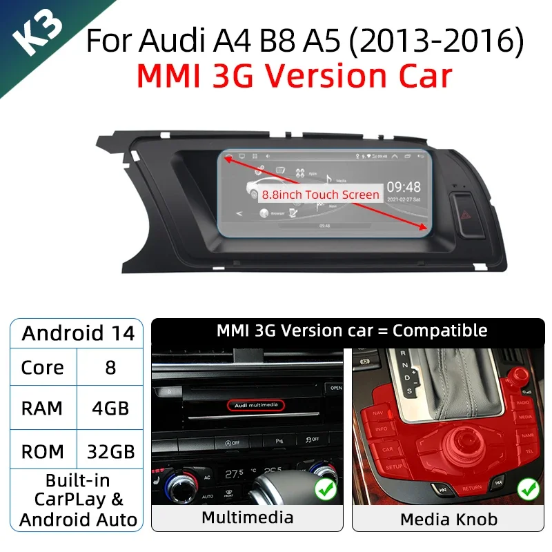 Android 14 Wireless Carplay Auto Radio For Audi A4 B8 A5 2008-2017 GPS Car Radio IPS Touch Screen Multimedia Android Auto BT DSP image 3