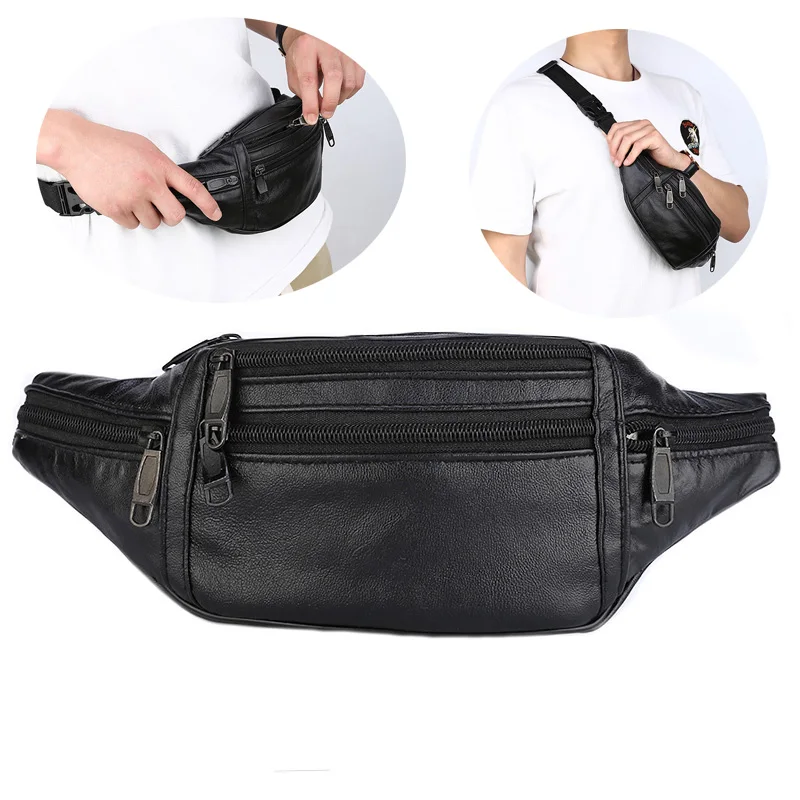 Men's Chest Bag Leather Soft Waterproof Men Cross Body Bag Black Purses for Male Slingback Chest Rig Bag Waist Bag Pack