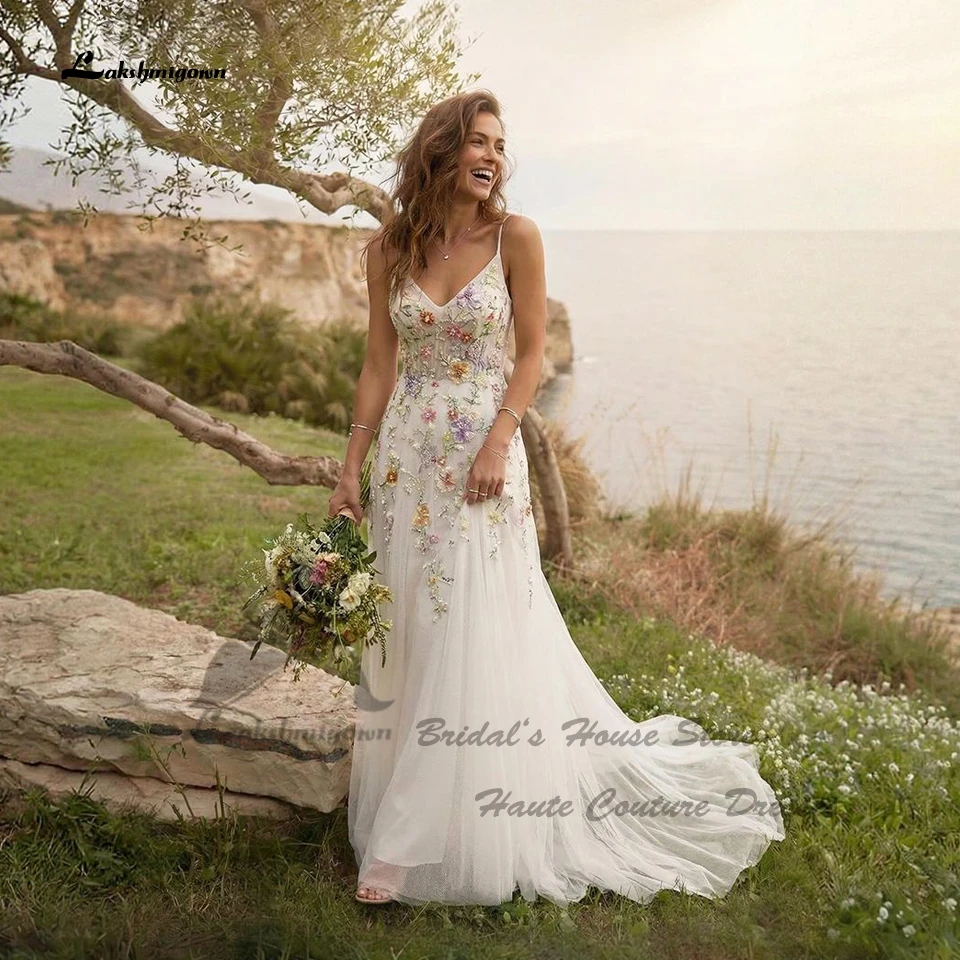 Lakshmigown Luxuriöse Blumen-Spitzen-Boho-Hochzeitskleider 2026 Sexy Damen Strand-Brautkleider V-Ausschnitt Spaghettiträger Maßanfertigung – Detail 8