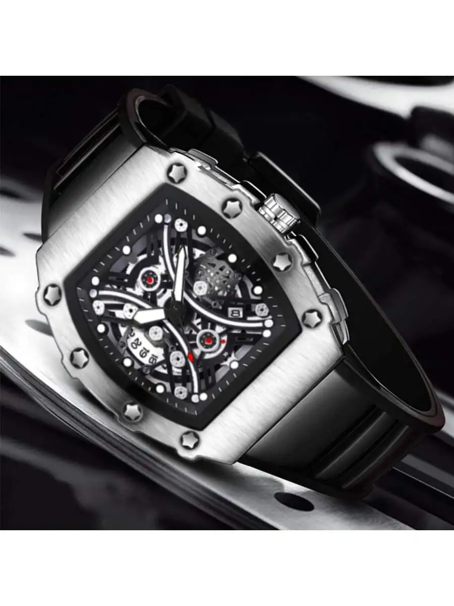 

New men's watch sports fashion trend high-end personalized wine barrel shaped silver shell black silicone strap quartz watch
