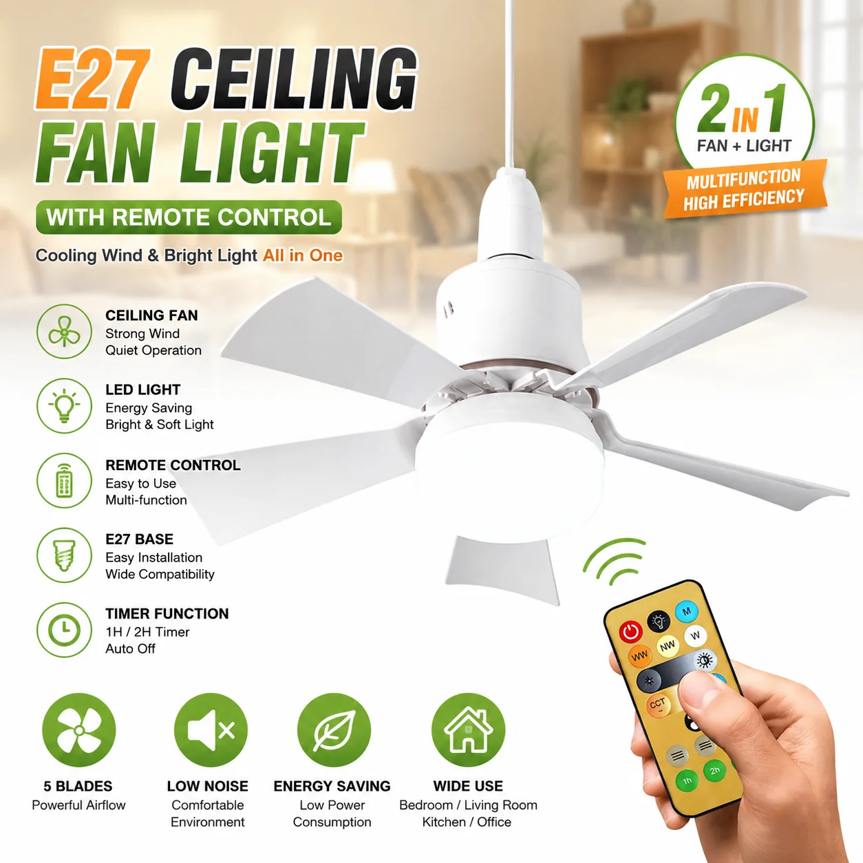 E27 Deckenventilator mit Fernbedienung LED-Blumenventilatorlampe Energiesparender Leiser Kühlventilator für Schlafzimmer Wohnzimmer Zuhause