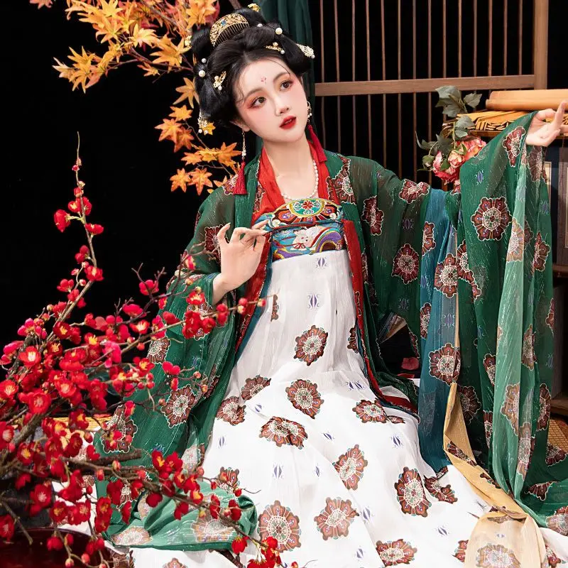 Chinese Hanfu Dress Women Cosplay Costume Vintage Ancient Tang Dynasty Printed Green Yellow Sets Hanfu Dress Plus Size 2XL