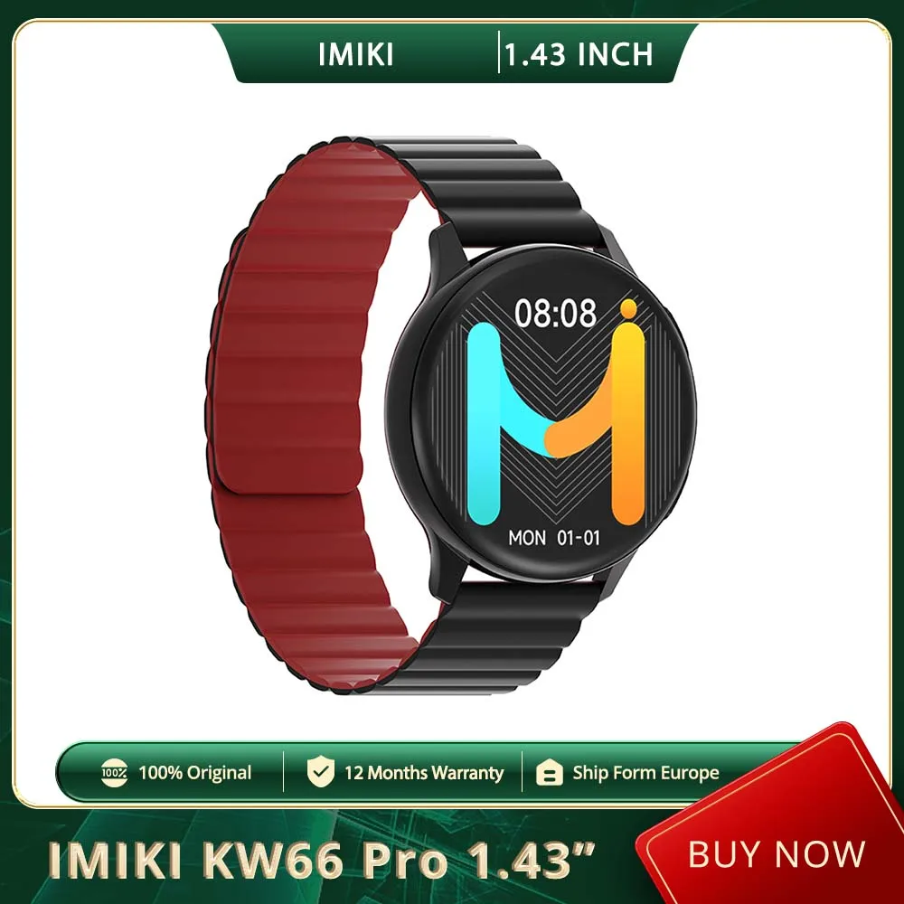 IMIKI KW66 Pro Smartwatch, 1.43" AMOLED, 100+ sportmodi, IP67 waterdicht, gezondheidsmonitor, Bluetooth bellen