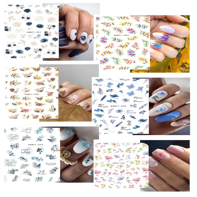 3D Back Glue Nail Stickers Wholesale Watercolor Nail Manicur Spring Floral Adhesive Transfer Decals Slider Nail Art Decoration