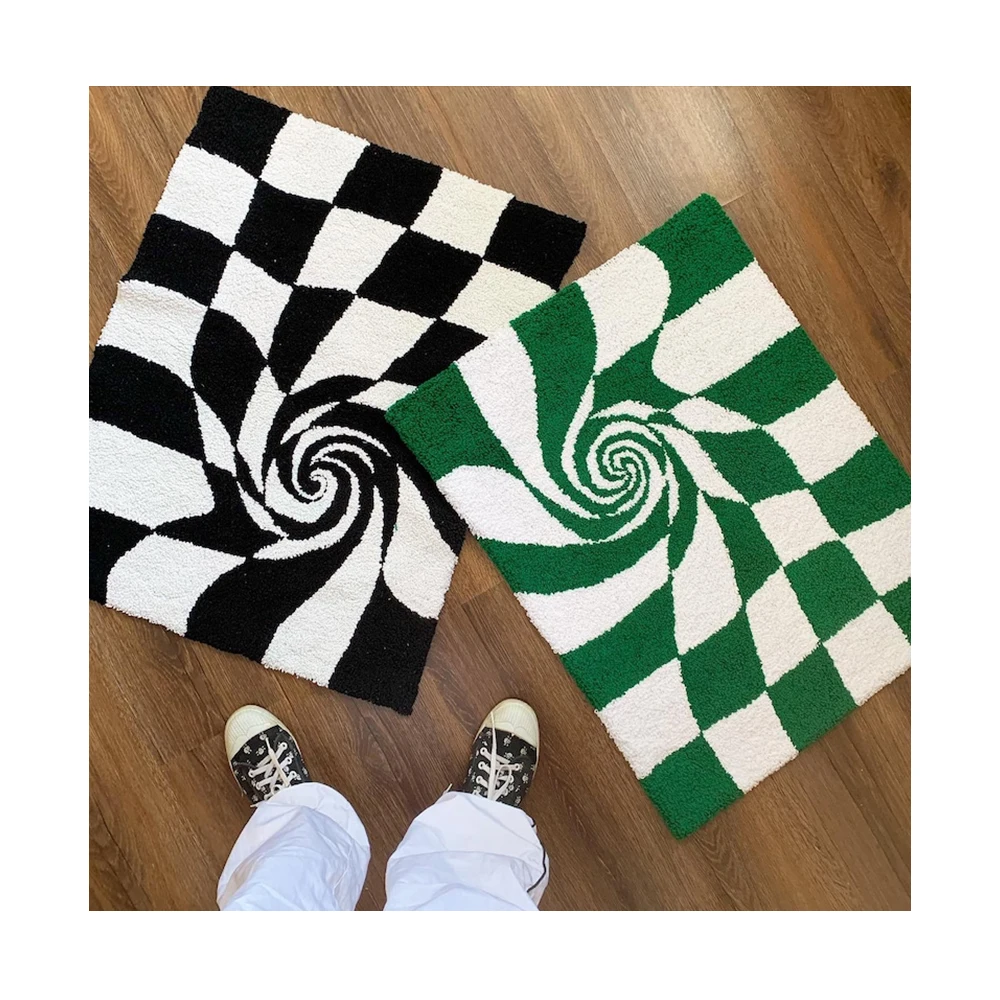 Swirl Black and White Plaid Rug Perspective Feast Modern Aesthetics Carpet Bedroom Soft Flannel Anti-Slip Home Decor Door Mat