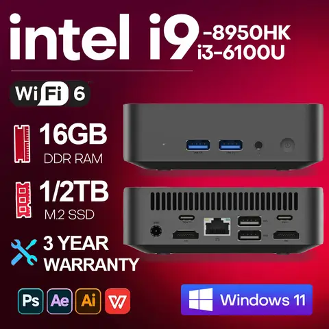 NEW Mini PC Intel I9 8950HK Windows 11 Pro 16GB RAM 1TB SSD Small Pocket Computer 4K 60Hz WiFi6 BT5.2 Gaming Desktop PC Portable