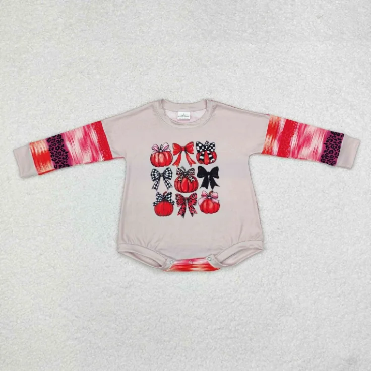 

Infant Boutique 1 Piece Bubble Romper Kids Long Sleeve Pumpkin Bows Print Baby Girls Fall Romper