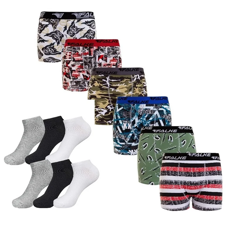 6 Underpants Box Printed Microfiber Adult Boxer Kit + 6 Pairers Sock Invisible Socket Breathable Fabric