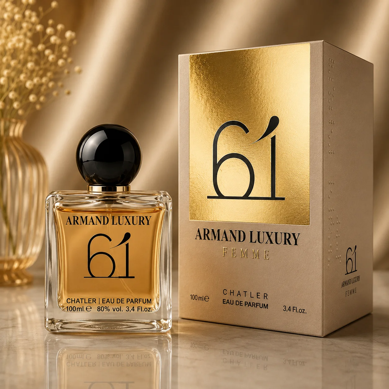 Chatler - 61 Chatler Luxury Femme Eau de Parfum 100ml. Parfum féminin aux notes florales, fruitées et sucrées, combiné avec des nuances chaudes et élégantes qui ajoutent de la sophistication, de la féminité et une présence moderne et enveloppante.