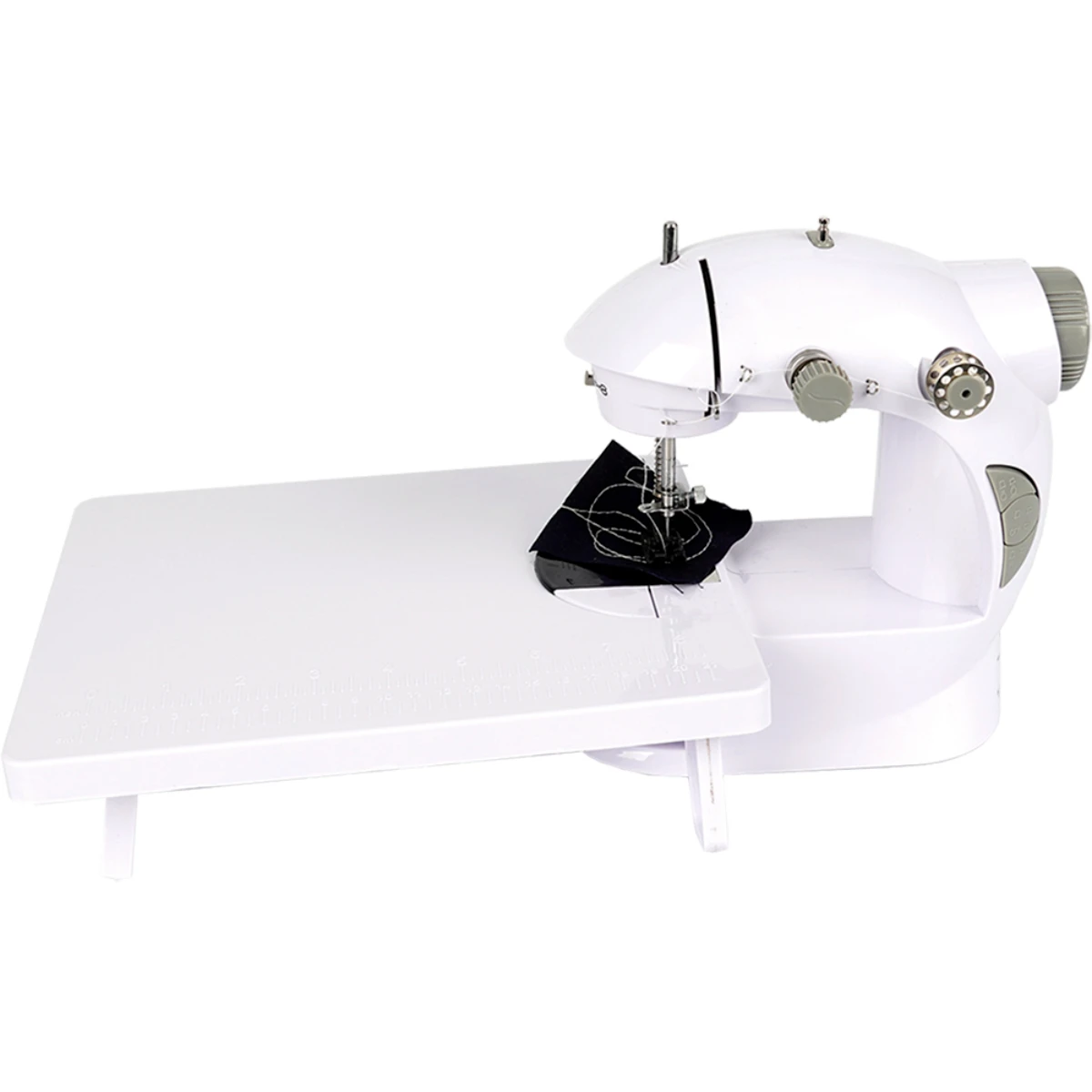 Portable pedal sewing machine with extension table with 4 batteries AA or with the AC adapter with pedal includes 4 coils, a threader and a needle shipping from Spain