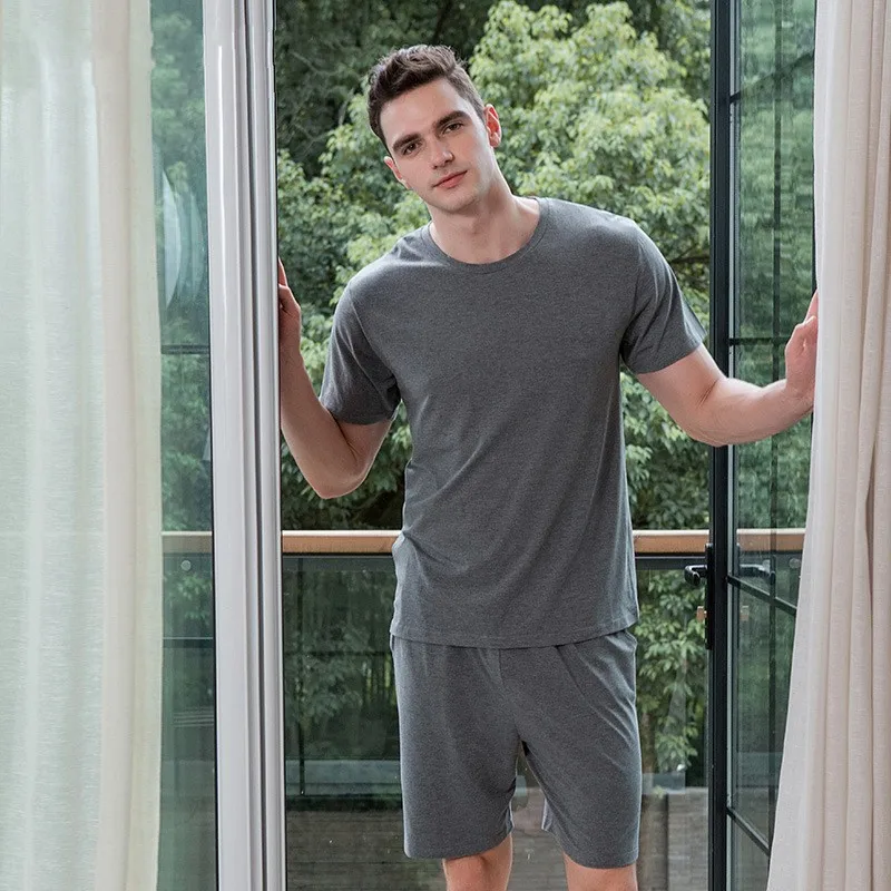 Sommer Männer lässig Pyjama Sets männlich 100% Baumwolle Nachtwäsche Anzug Kurzarm O-Ausschnitt Kragen T-Shirt & halbe Hose Herren Hauskleidung