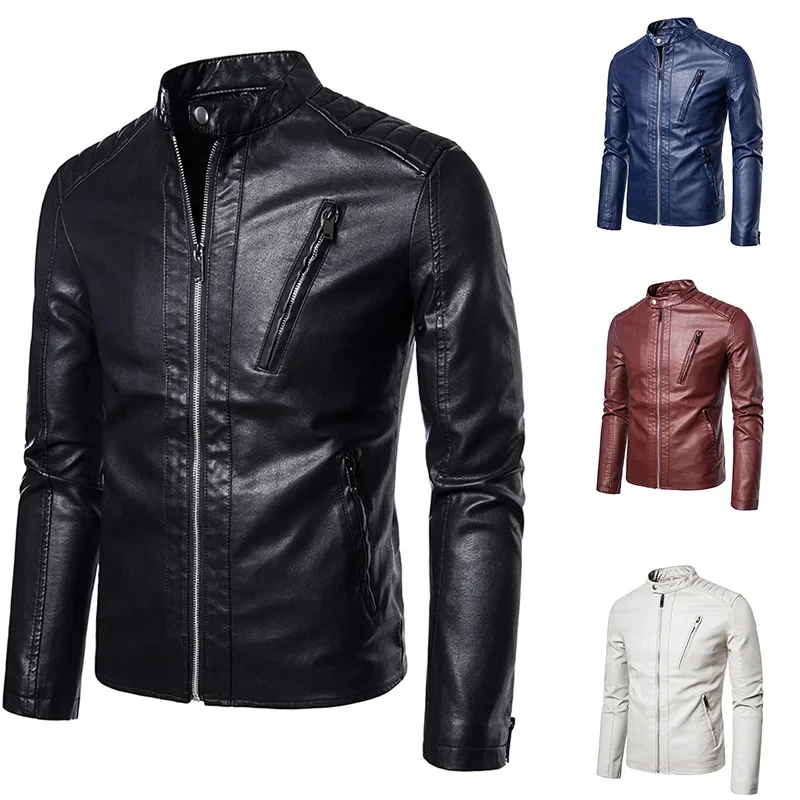 Men's New Fashion Round Button Design Collar Lightweight Leather Jacket Motorcycle Bike Waterproof
